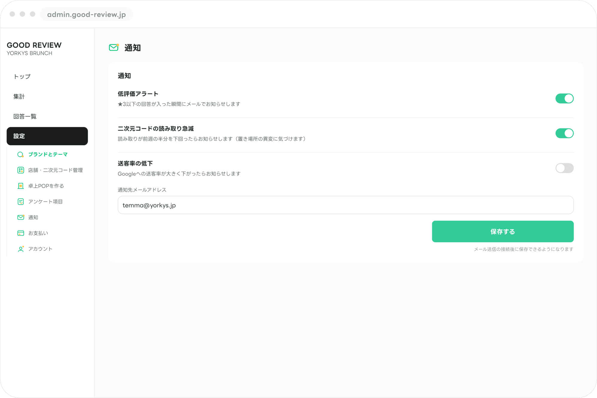 低評価アラートの画面